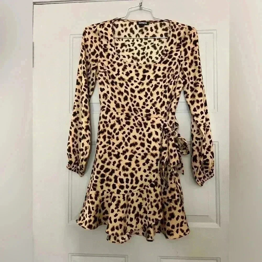 Express Leopard Print Square Neck Ruffle Wrap Dress - Picture 8 of 11